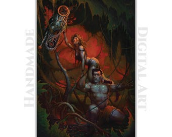 Retro scifi ingelijste kunstprint, geen AI klassieke fantasy gamer decor muur illustratie, post-apocalyptische wilde jungle Metal Fighters 80s 70s