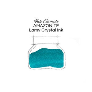 May include: A watercolor illustration of a small ink bottle filled with teal-colored ink. The text "Ink Sample AMAZONITE Lamy Crystal Ink" is above the bottle. The bottle is drawn with a simple outline, and the ink has a textured appearance.