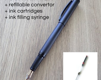 Modern Black Fountain Pen F Nib w/ convertor, cartridges, ink fill syringe, refillable, no box, gift for artist writer, calligraphy, drawing