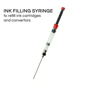 May include: An ink filling syringe with the text "INK FILLING SYRINGE to refill ink cartridges and converters." The syringe has a clear barrel, a red cap, and a long, thin needle. The syringe is designed for refilling ink cartridges.
