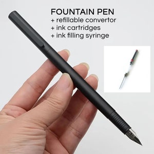 Slim Metal Fountain Pen F Nib w/ convertor + ink cartridges + ink syringe, refillable, no box, gift for artist writer, calligraphy, drawing