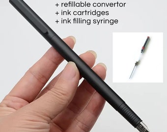 Slim Metal Fountain Pen EF Nib w/ convertor + ink cartridges + ink syringe, refillable, no box, gift for artist writer, calligraphy, drawing