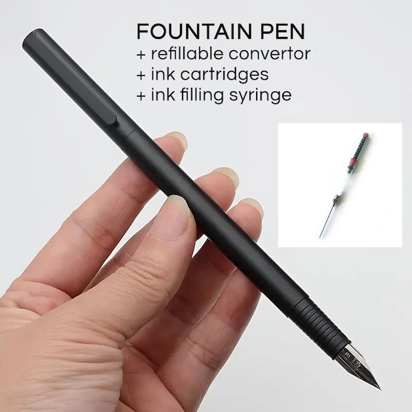 Slim Metal Fountain Pen EF Nib w/ convertor + ink cartridges + ink syringe, refillable, no box, gift for artist writer, calligraphy, drawing