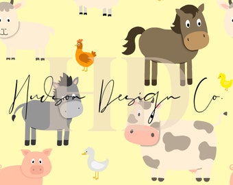 Yellow farm animal horse cow pig chicken duck sheep donkey goat print PNG seamless pattern file