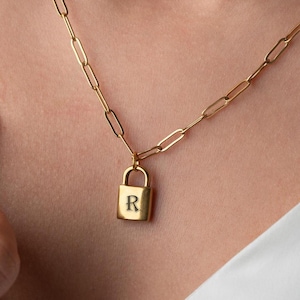 Gold Padlock Necklace: Engraved Initial Lock, Personalized Jewelry, Valentines day Gift for her