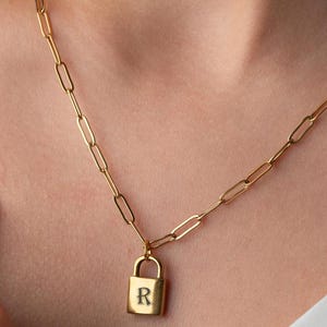 Gold Padlock Necklace: Engraved Initial Lock, Personalized Jewelry, Valentines day Gift for her