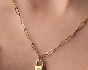 Gold Padlock Necklace: Engraved Initial Lock, Personalized Jewelry, Valentines day Gift for her