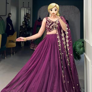 Wine Organza Lehenga Set: Embroidered Velvet Blouse, Indian Wedding Dress