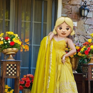 Indian Wedding Haldi Function Dress For Bridesmaid Yellow Color Sleeveless Kurti With Sharara Dupatta Tebby Organza Fabric Embroidery Sequin