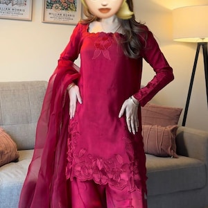 Hergestellt in Indien Seidenstoff Top Bottom Dupatta Dark Rani Pink Color Anzug für Frauen Mädchen Faden Pailletten Blumenarbeit Kleid Geschenk für sie