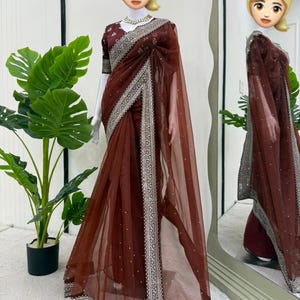 Heavy organza Silk Fabric Saree Set With Mono Banglori Silk Blouse Thread sequins Work Designer Bollywood Collection Wrap Dress For Weddings