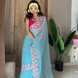 Floral Organza Saree with Raw Silk Blouse: Indian Wedding Party Dress