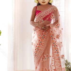 Embroidered Butterfly Net Saree: Floral & Star Design, Unstitched Blouse