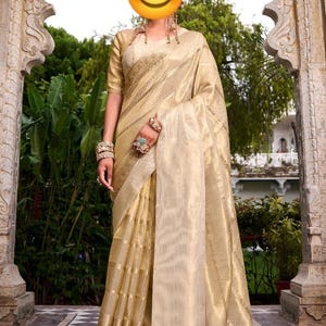 Gold Tissue Bollywood Saree: Zari Weaving, Unstitched Blouse