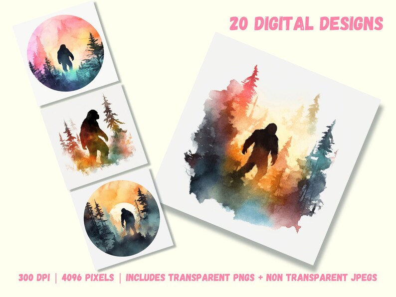 Set of 20 Bigfoot Watercolor Clipart PNG Files Sasquatch Digital ...