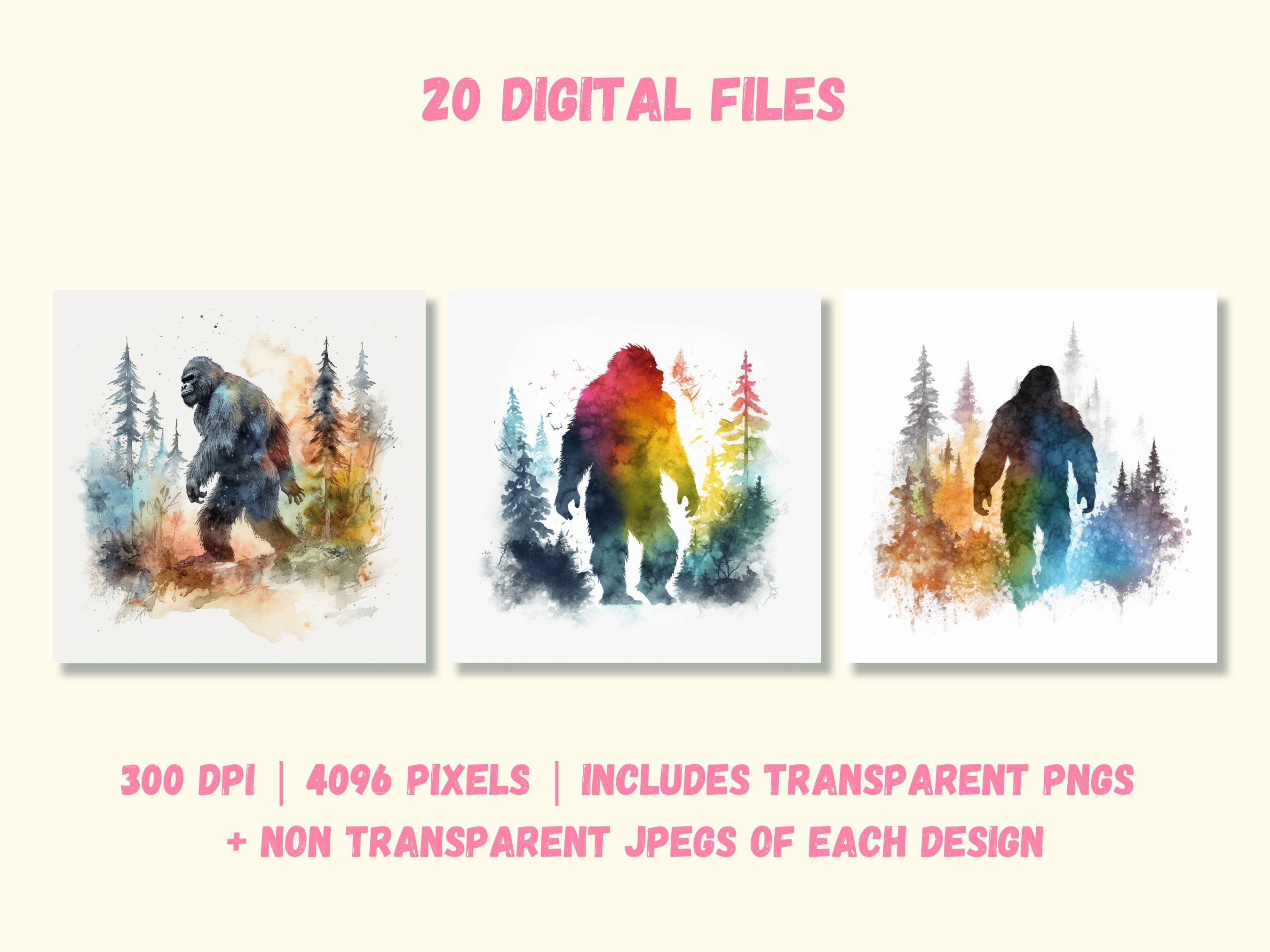 Set of 20 Bigfoot Watercolor Clipart PNG Files Sasquatch Digital ...
