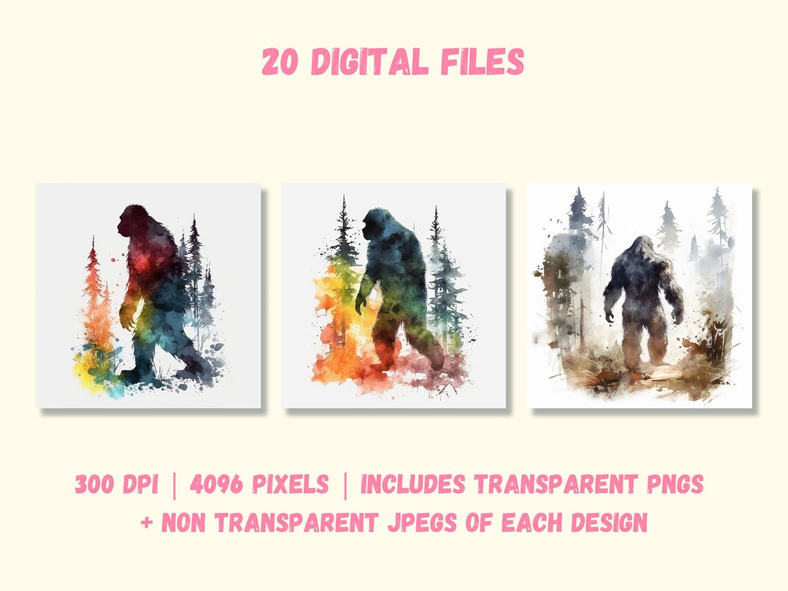 Set of 20 Bigfoot Watercolor Clipart PNG Files Sasquatch Digital ...