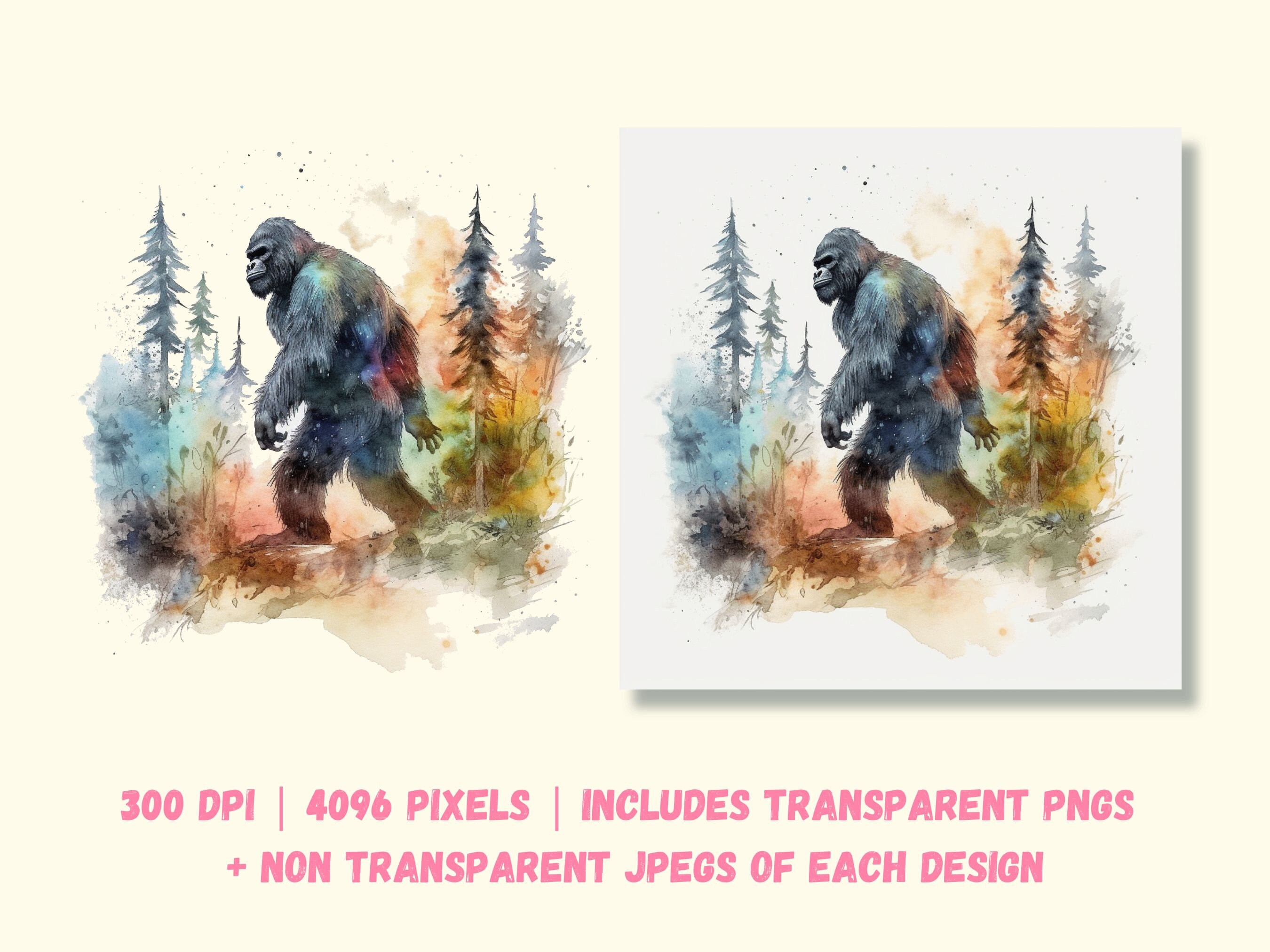 Set of 20 Bigfoot Watercolor Clipart PNG Files Sasquatch Digital ...