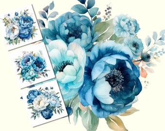 Watercolor Blue Peony Clipart Bundle Of 20 Blue Peony Bouquet PNG Instant Download Commercial Use Scrapbooking Junk Journals Print On Demand