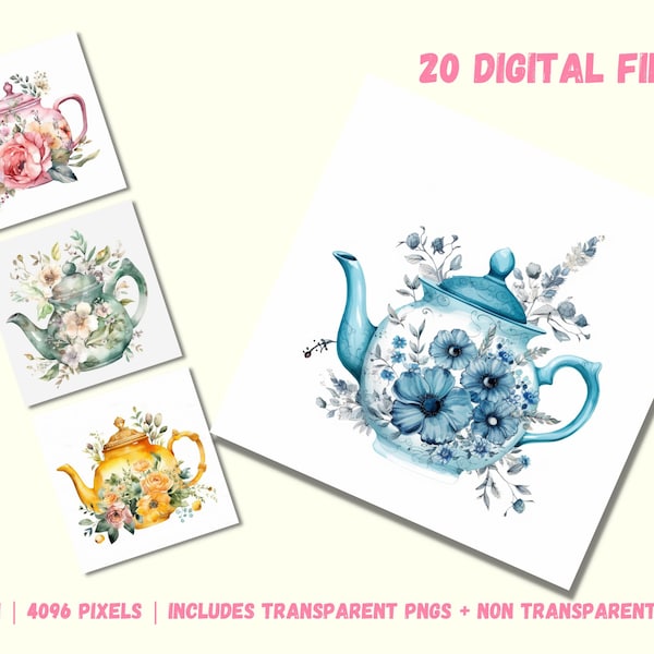 Floral Watercolor Teapot Clipart Bundle Of 20 Vintage Watercolor Teapot PNG Tea Party Clipart Commercial Use Scrapbooking Junk Journal JPEG