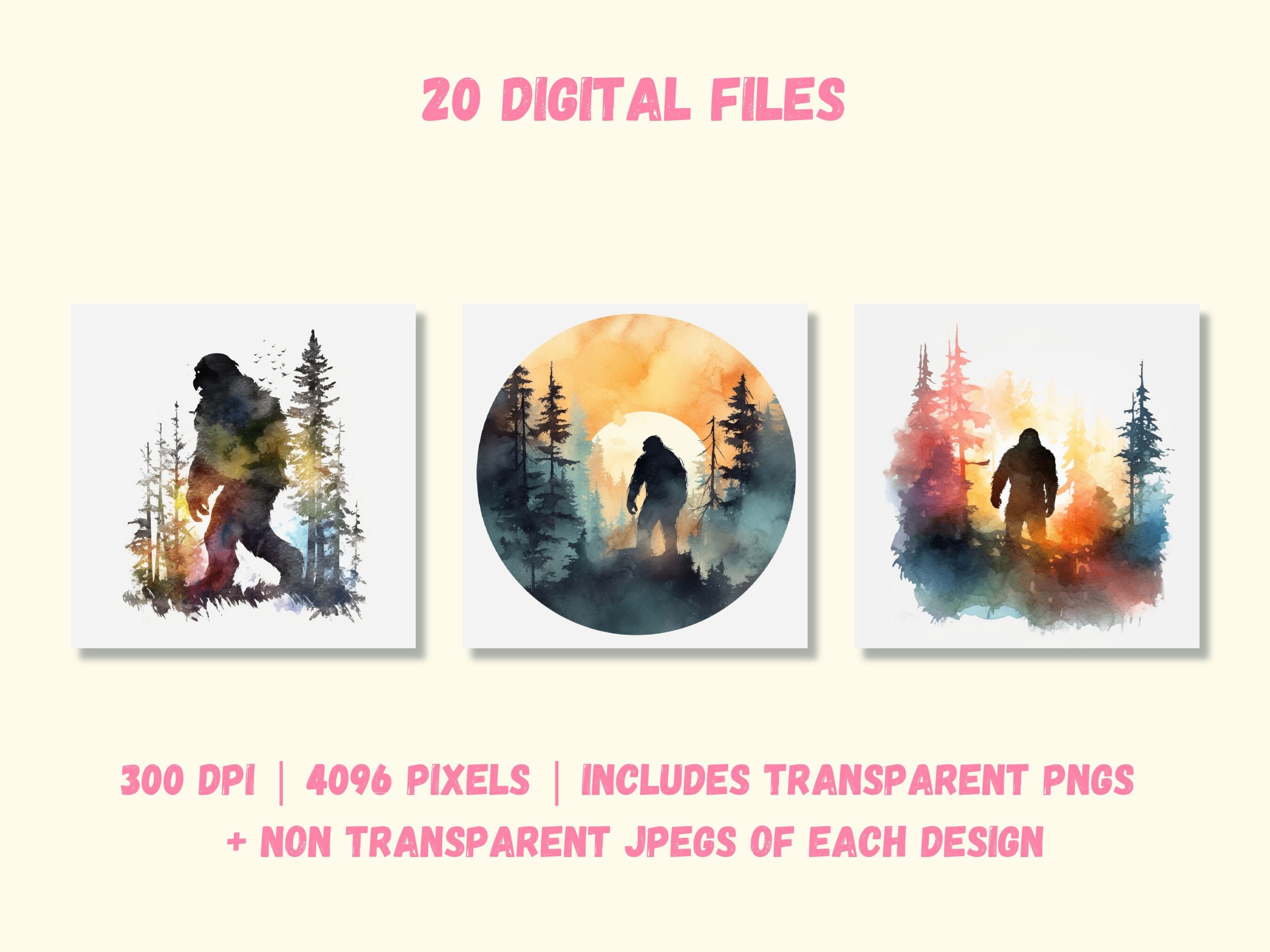 Set of 20 Bigfoot Watercolor Clipart PNG Files Sasquatch Digital ...