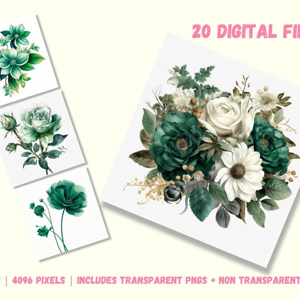 Emerald Flower Clipart Bundle Of 20 Flower Clipart Watercolor Emerald PNG Clip Art Images Wedding Invitation Scrapbooking Digital Paper JPEG