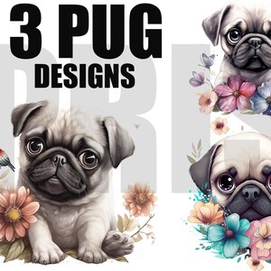 Mooie Pug sublimatie ontwerpen bundel, 3 Pug PNG-bestanden, Pug met bloemen PNG, Pug Clipart, Floral Pug PNG, schattige Pug Png, Pug met vogel,