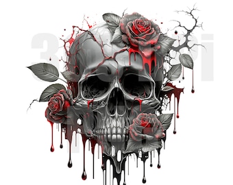 May include: A human skull with cracks and dripping red paint, surrounded by red roses with green leaves. The skull is in the center of the image and the roses are around it.
