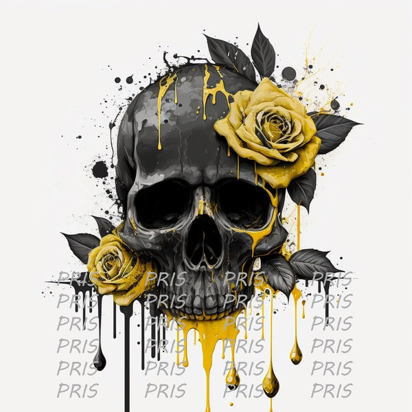Skull with yellow Roses PNG | Skull Sublimation Design | Trendy Skull PNG | Day of the Dead | Instant Download Illustration PNG | Digital
