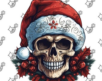 Christmas Skull with Flowers PNG | Skull Sublimation Design | Trendy Skull PNG | Christmas Png | Instant Download, Santa PNG | Digital Image