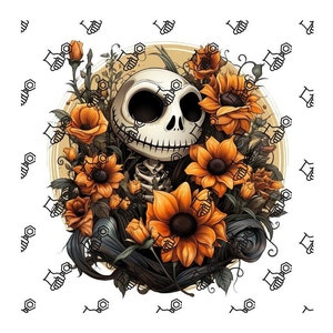 Halloween PNG, Spooky Skeleton, Jack Skellington design, Fall PNG, Flowers, leaves PNG, Watercolor Sublimation, Instant download, Floral