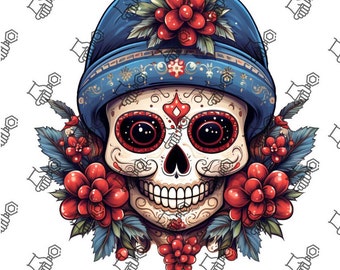 Cute Christmas Skull With Flowers PNG | Skull Sublimation Design | Trendy Skull, Christmas Png | Instant Download, Santa PNG | Digital Image