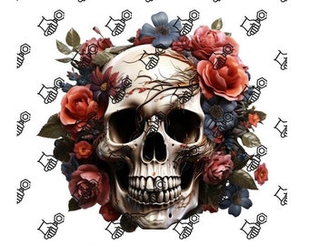 Skull with Roses PNG | Skull Sublimation Design | Trendy Skull PNG | Day of the Dead | Instant Download Halloween PNG | Digital Floral Png