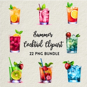 Watercolor Summer Cocktail drinks Clipart - 22 Cocktail PNG - Watercolor Clipart Bundle- Greeting Card Making, Scrapbooking