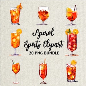 Acuarela Aperol Spritz Summer Cocktail Clipart - 20 Cóctel PNG - Paquete de imágenes prediseñadas de acuarela - Tarjeta de felicitación, Scrapbooking, Cocina, bar