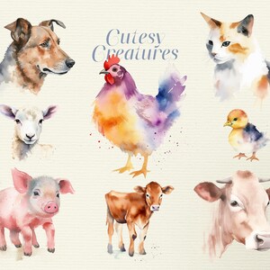 26 Watercolour cute farm animals clipart, PNG with transparency, deep vivid colours, nature.