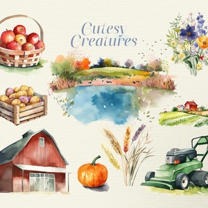 30 aquarel schattig boerenleven clipart bundel, PNG met transparantie, diepe levendige kleuren, landschappen, objecten, natuur.