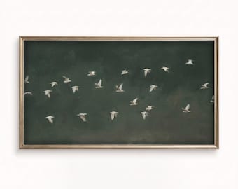 Puede incluir: Una pieza de arte mural rectangular enmarcada que presenta un fondo verde bosque oscuro y melancólico con una bandada de pequeños pájaros blancos en vuelo dispersos por la composición. La obra está en un marco fino de tono dorado metálico.
