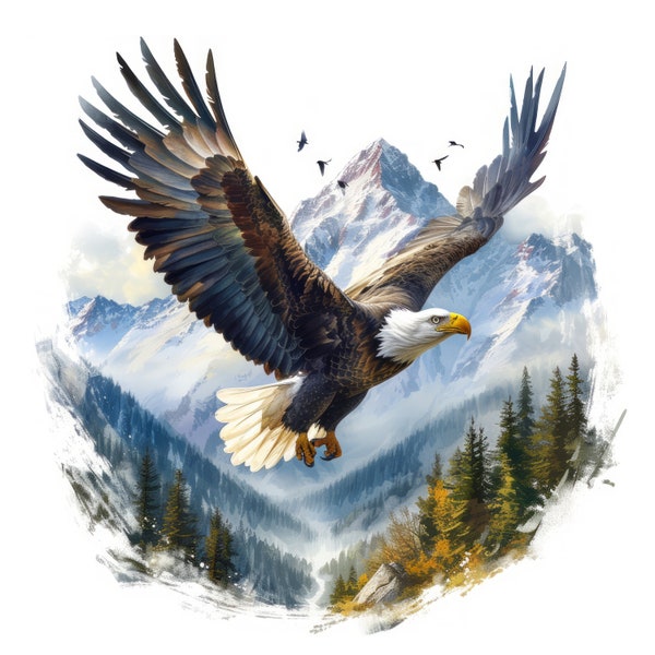 Eagle Flying Mountain Clipart, téléchargement numérique JPG de 23 images de haute qualité, carnet de voyage pour fabrication de cartes, lot d'art mural JPG