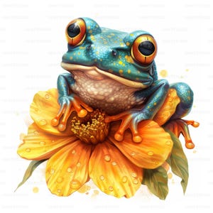 Grenouille colorée avec des cliparts fleur, téléchargement numérique JPG de 23 images de haute qualité, carnet de voyage pour la fabrication de cartes, lot d'art mural JPG