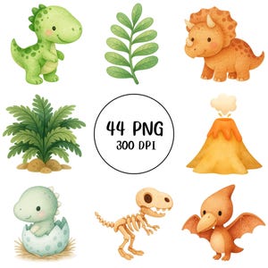 Niedliche Dinosaurier Clipart | 44 PNG hochwertiger digitaler Download | Kinderzimmer-Baby-Dusche-Dekor | Dino-Geburtstagsparty-Aquarell für Kinder