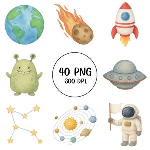Lindo clipart espacial / 40 PNG de alta calidad para descargar digitalmente / Decoración para baby shower infantil / Fiesta de cumpleaños de astronauta y planeta en acuarela para niños