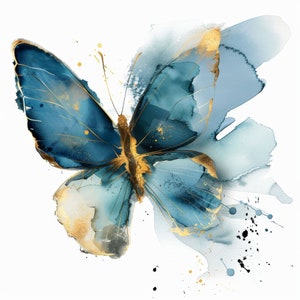 Abstrakter Schmetterling Blau mit Gold Clipart, 32 hochwertige Bilder JPGs Digital Download, Kartenherstellung Junk Journal, JPGs Wall Art Bundle