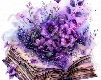 May include: An open book with purple flowers and leaves on top. The book is old and has a worn, textured cover. The flowers are in bloom and have a soft, watercolor effect.