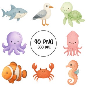 Clipart Animaux sous-marins mignons | 40 PNG en téléchargement numérique haute qualité | Décoration de baby shower pour chambre d'enfant | Aquarelle mer et océan pour enfants