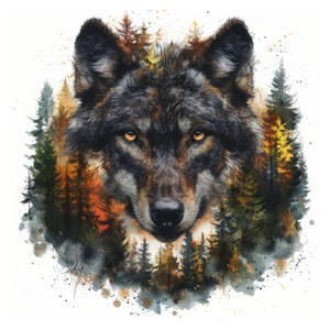Loup avec des cliparts de forêt, téléchargement numérique de 10 images de haute qualité JPGs, carte faisant le courrier indésirable, lot d'art mural JPGs