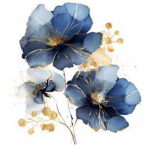 Flor abstracta azul con imágenes prediseñadas doradas, 26 imágenes de alta calidad JPGs Descarga digital, Diario basura de fabricación de tarjetas, Paquete de arte de pared JPGs