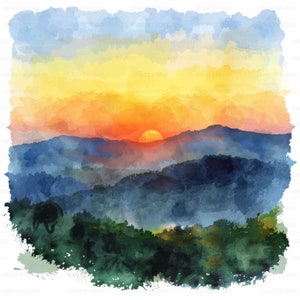 Zonsondergang scène aquarel schilderij clipart, 29 hoge kwaliteit afbeeldingen JPGs digitale download, kaart maken junk Journal, JPGs Wall Art bundel