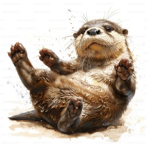 Clipart engraçado de lontra aquarela fofa, 27 imagens de alta qualidade JPGs download digital, criação de cartões Junk Journal, pacote de arte de parede JPGs
