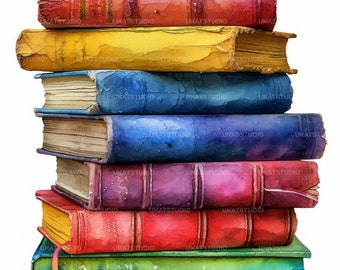 Colorful Stack Book Clipart , 25 High Quality Images JPGs Digital Download , Card Making Junk Journal , JPGs Wall Art Bundle